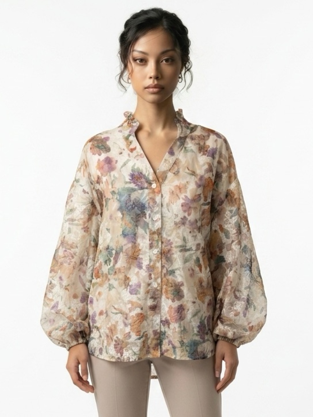 Fate Floral Sheer Lined Ballon Sleeve Blouse. Small Oversized.